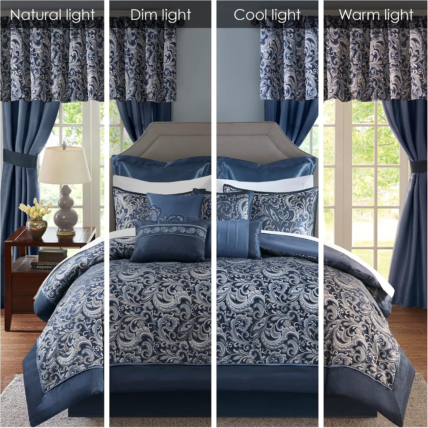 Madison Park Essentials Brystol 24 Piece Room in a Bag Faux Silk Comforter Jacquard Paisley Design Matching Curtains Down Alternative All Season Bedding-Set, King(104 in x 92 in), Navy 24 Piece