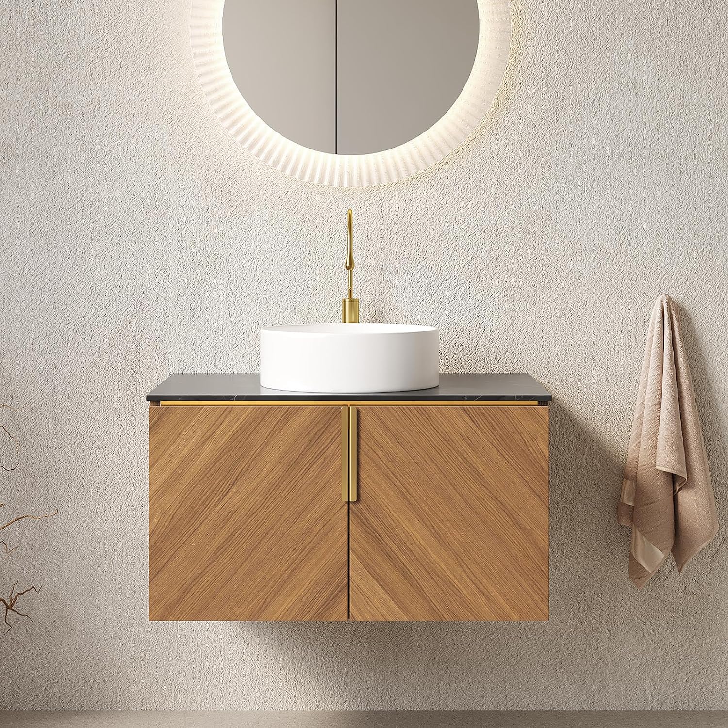 30 Inch Floating Vanity with Sink Combo, Modern Bathroom Vanity with Vessel Sink, Wall-Mounted Bathroom Vanity Cabinet with Doors, Sintered Stone Countertop and Round Basin,Brown Oak