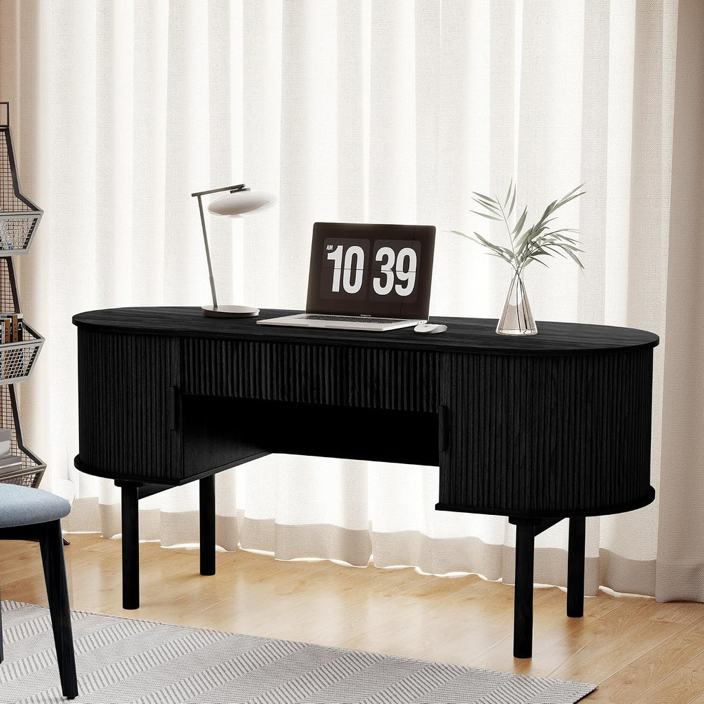 Executive Office Desk with Storage, 63 Inch Large Computer Workstation Desk with Drawer and File Cabinets, Mid Century Modern Fluted Wood Writing Desk for Home Office, Study Room, Living Room, Black