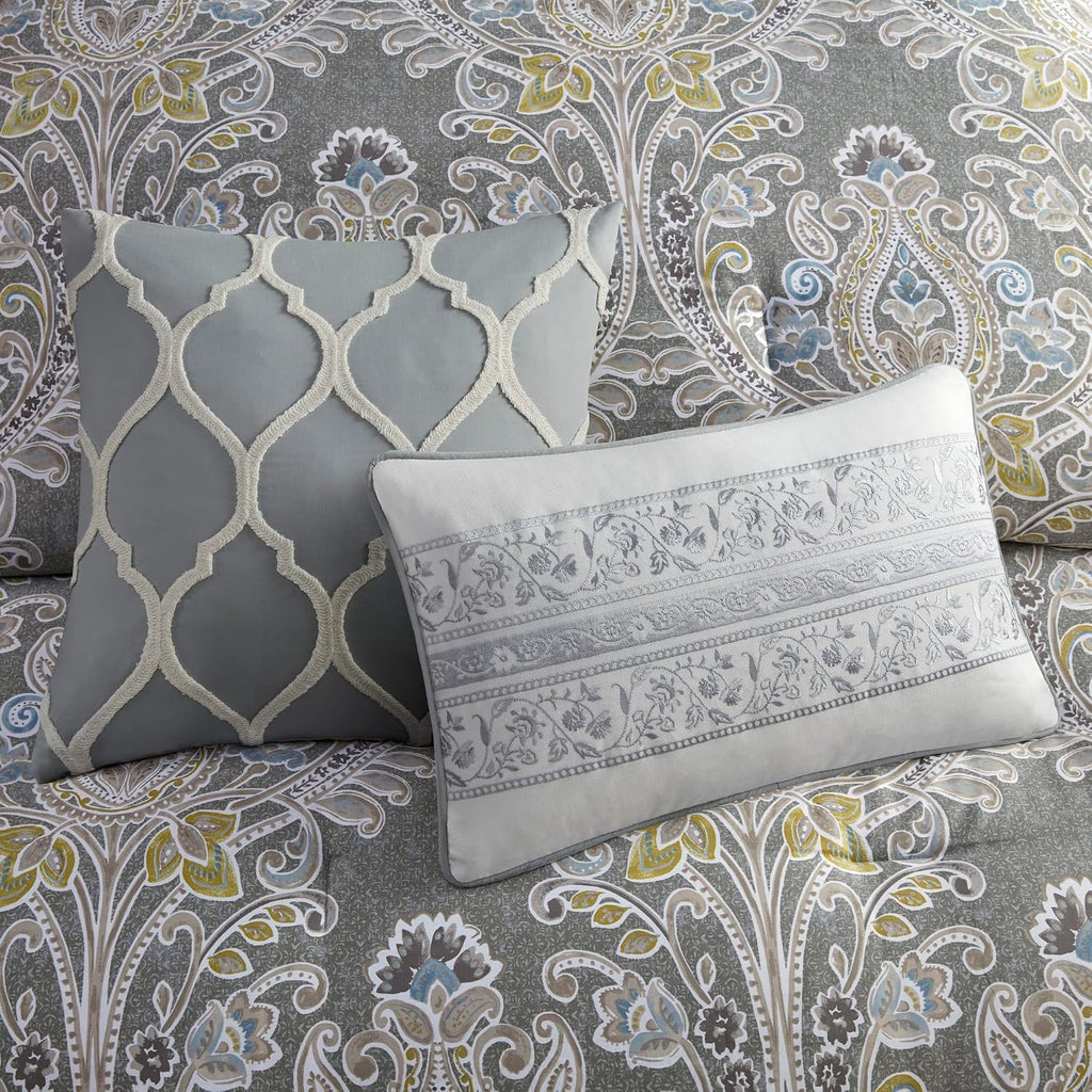 Harbor House Cozy Cotton Comforter Set - Classic Modern Design, All Season Down Alternative Casual Bedding, Matching Shams, Hallie, Damask Grey Full(80'x90') 6 Piece