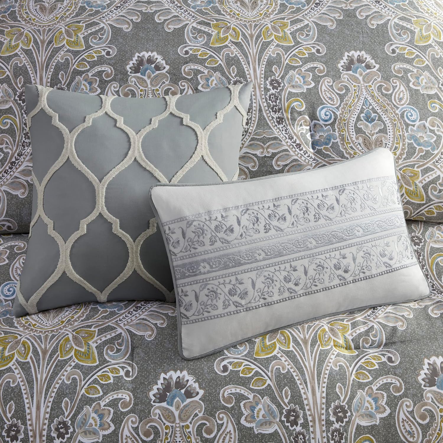 Harbor House Cozy Cotton Comforter Set - Classic Modern Design, All Season Down Alternative Casual Bedding, Matching Shams, Hallie, Damask Grey Full(80'x90') 6 Piece