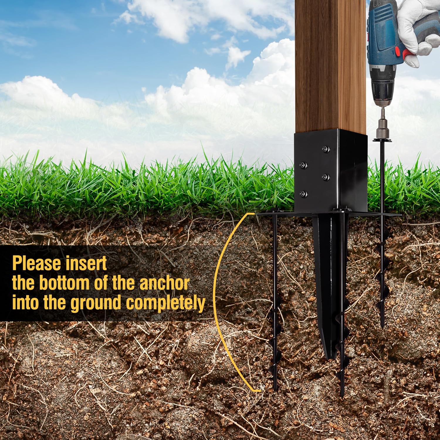 LADECH 16″ No-Dig 4×4 Ground Spike Post Anchors – Powder-Coated Steel, Includes 4 Corner Screws – Heavy-Duty Ground Anchors for Fence, Mailbox & Deck Posts (4 PCS - Black)