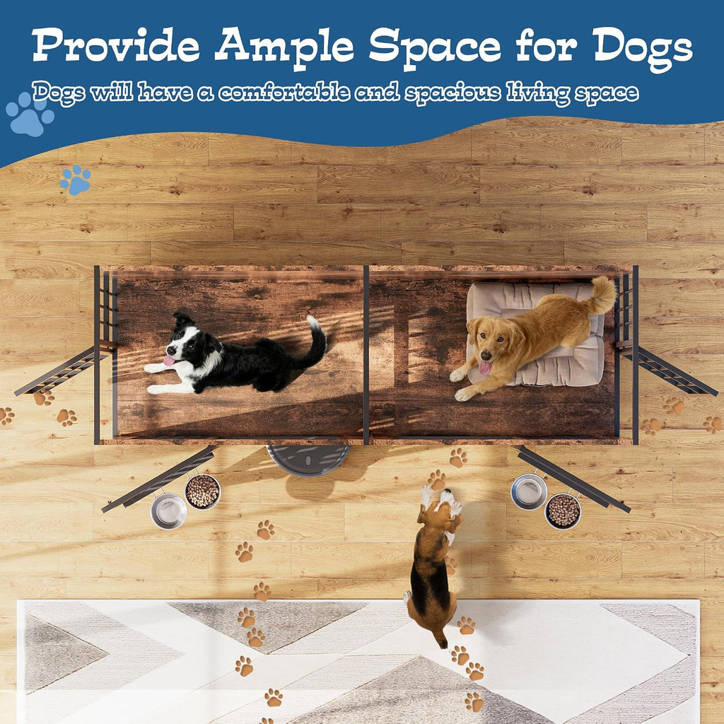Grepatio 79' Double Dog Crate Furniture for 2 Dogs, Large Dog Kennel with 360° Rotating Feeder Bowls, Indoor Double Dogs Crates with 4 Doors, Wooden Dog Crate TV Stand with Removable Divider