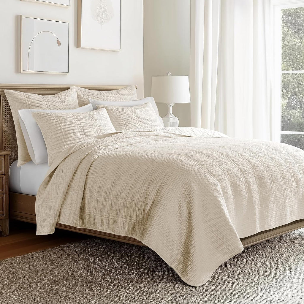 Levtex Home Cloud Waffle Twin XL/Twin Quilt Set (68x86in) with 1 Pillow Sham (26x20in) - Box Quilted Waffle Texture - Undyed Cream - Cotton Twin Size Quilt Bedding Set - Lightweight Soft Pre-Washed