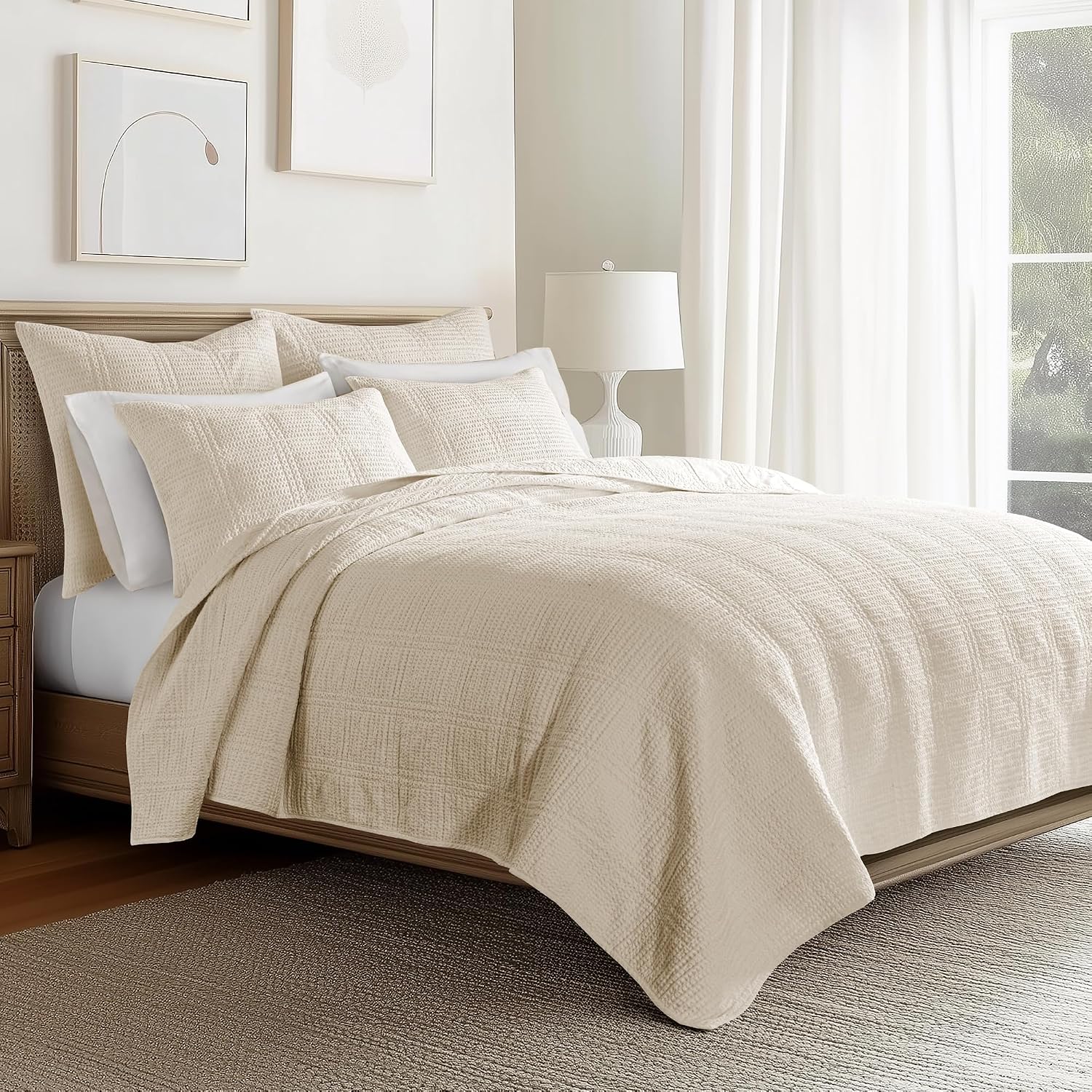 Levtex Home Cloud Waffle Twin XL/Twin Quilt Set (68x86in) with 1 Pillow Sham (26x20in) - Box Quilted Waffle Texture - Undyed Cream - Cotton Twin Size Quilt Bedding Set - Lightweight Soft Pre-Washed