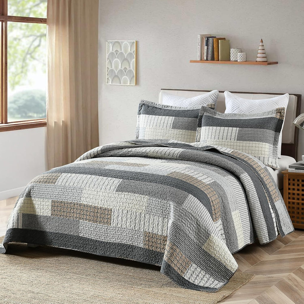Y-PLWOMEN King Size Quilt - 100% Cotton Cozy King Quilt Set, Farmhouse Striped Bedspread, Reservible Lightweight Quilted Bedding Set for All Season, 3-Pieces
