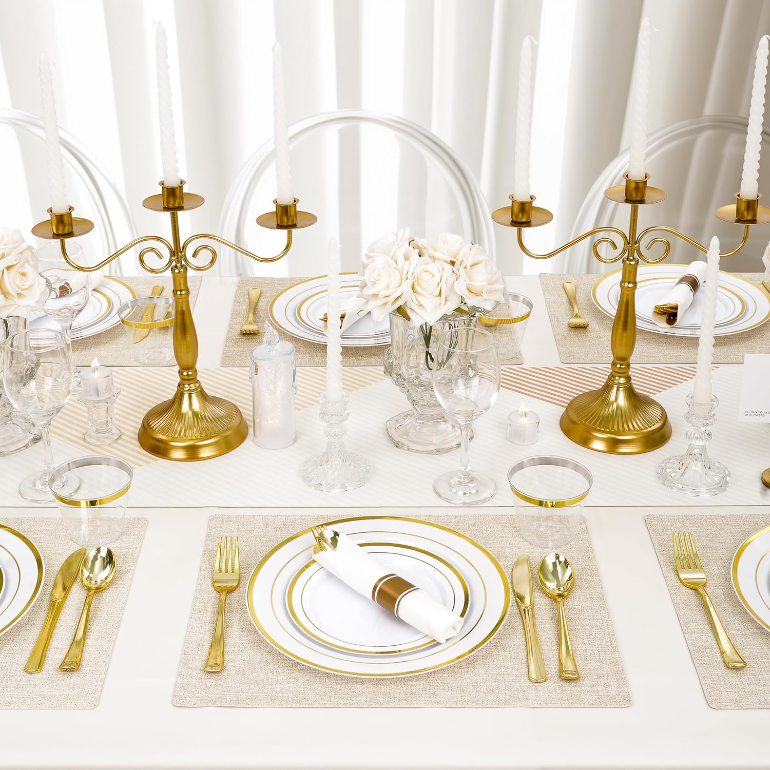 700 PCS Gold Plastic Dinnerware Set for 100 Guests, 200 DisposablePlates for Party, 100 Pre Rolled Napkins with Gold Silverware, 100 Cups