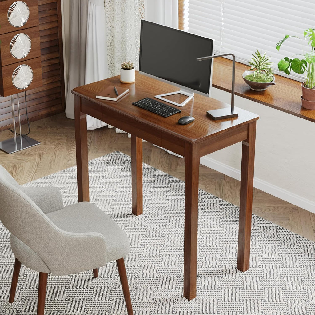 Solid Wood Desk with Drawers - 31.5' Narrow Desks for Small Spaces, Mid Century Modern Desks, Small Wooden Vintage Computer Writing Desk, Study Table for Home Office Bedroom, Walnut