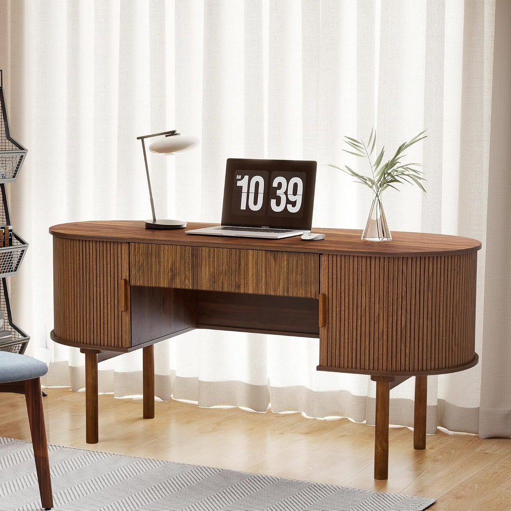 Executive Office Desk with Storage, 63 Inch Large Computer Workstation Desk with Drawer and File Cabinets, Mid Century Modern Fluted Wood Writing Desk for Home Office, Study Room, Living Room, Walnut