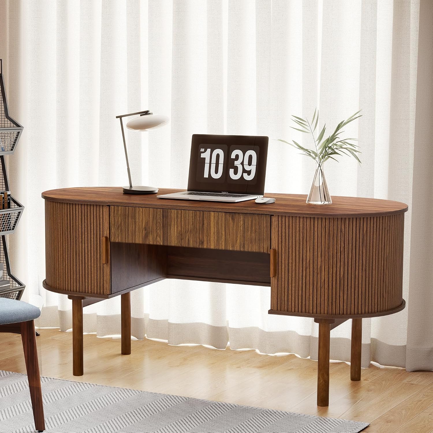 Executive Office Desk with Storage, 63 Inch Large Computer Workstation Desk with Drawer and File Cabinets, Mid Century Modern Fluted Wood Writing Desk for Home Office, Study Room, Living Room, Walnut