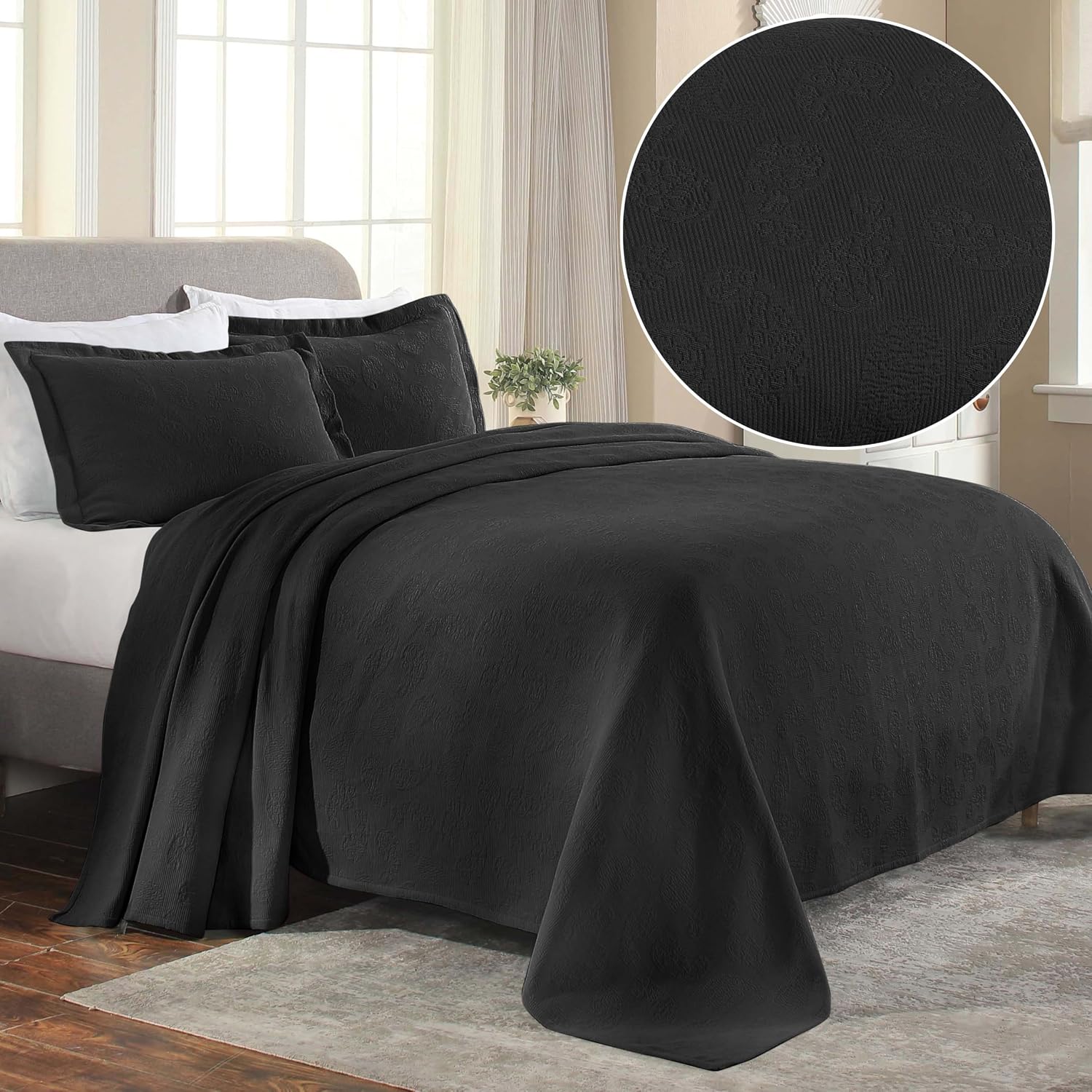 Superior Paisley Cotton 3 Piece Bedspread Set, Home Bed Decor, Decorative Textured Bed Spread, 2 Pillow Shams, Airy Blanket, Matelasse Coverlet Bedding, Vintage Floral Design, Queen, Black