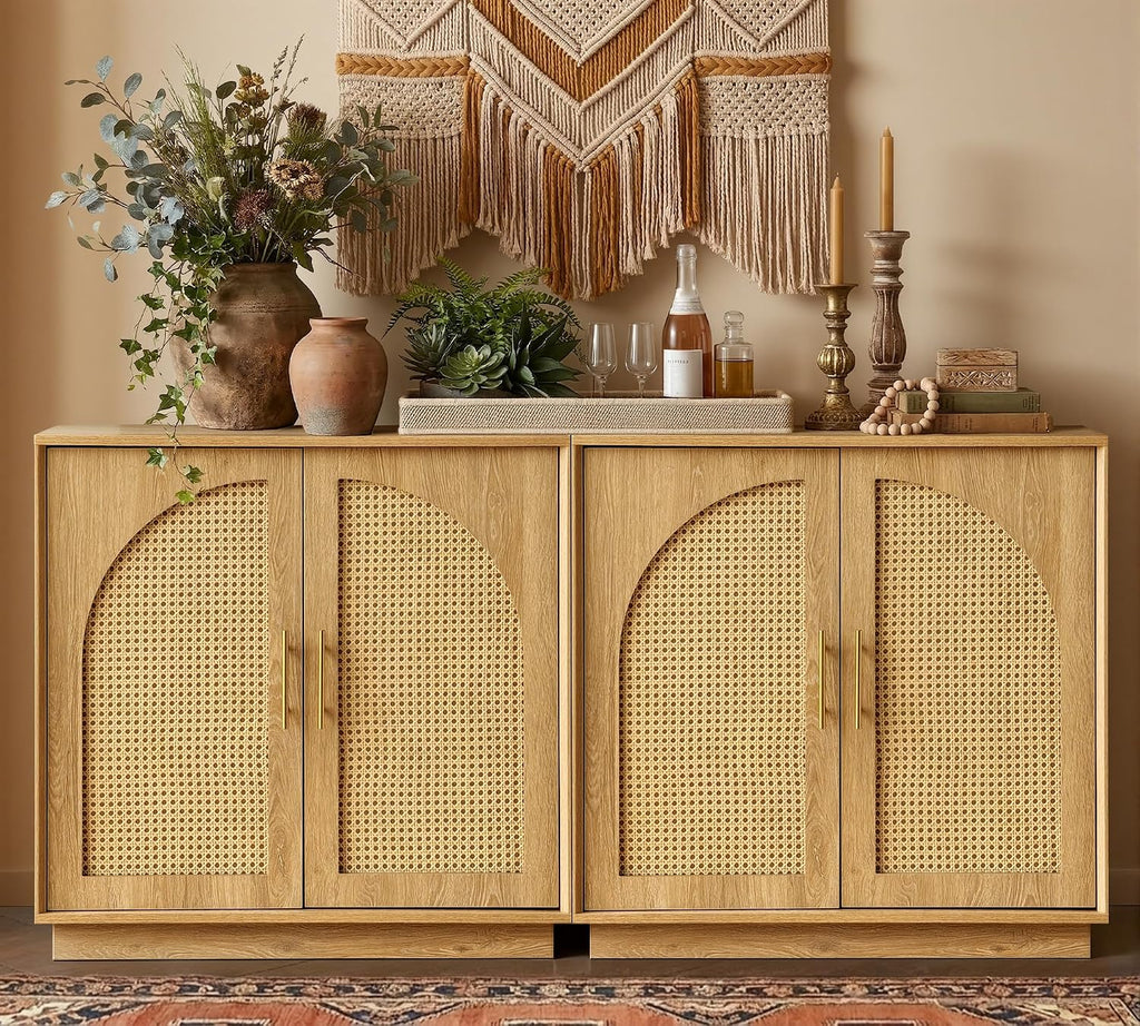 FORTUNETEC Sideboard Buffet Cabinet with Storage Set of 3, Modern Accent Cabinet with Rattan Arched Doors, Modular Media Console, Boho Credenza for Living Room Kitchen Dining Room Entryway, Oak