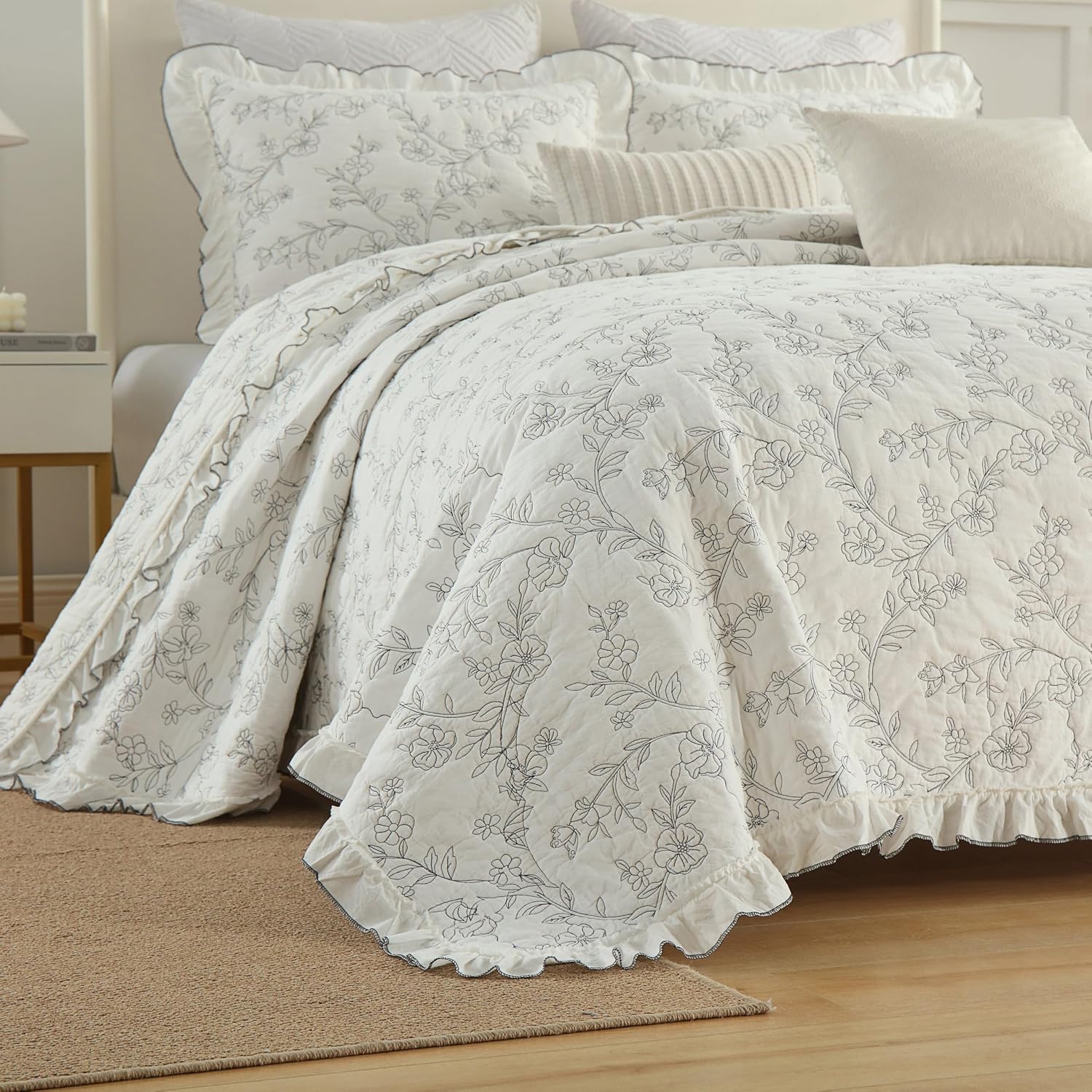 MarCielo 3-Piece 100% Cotton Bedspread Lightweight Quilt Coverlet Embroidery Farmhouse Bedding Set (Floral,King (106' X 98'))