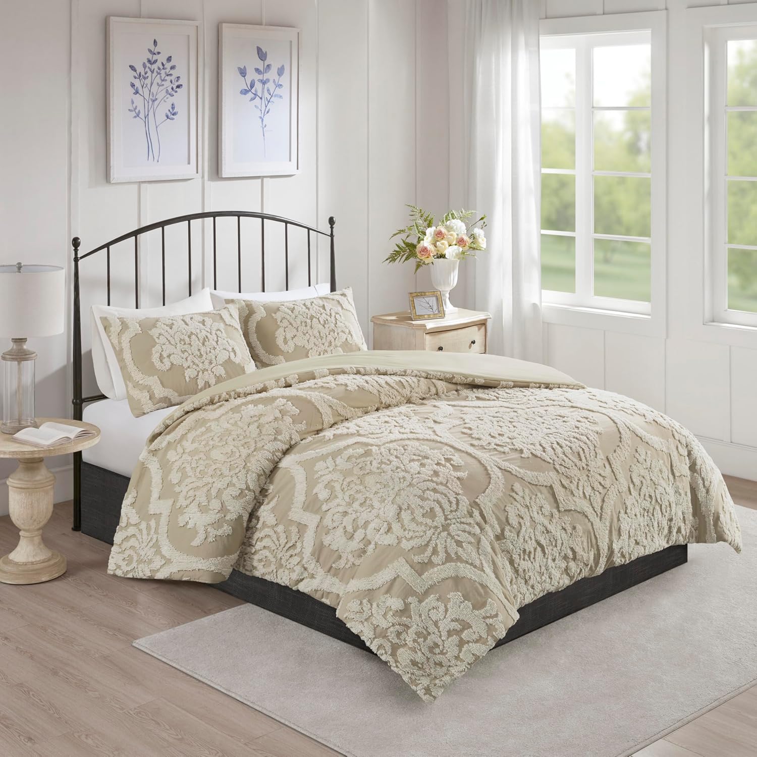 Madison Park Tufted Chenille 100% Cotton Duvet Modern Luxe All Season Comforter Cover Bed Set with Matching Shams, King/Cal King(104'x92'), Damask Taupe 3 Piece