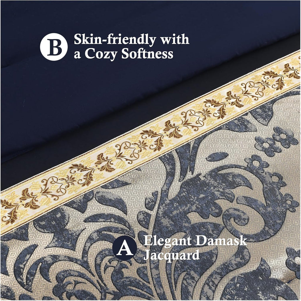 Finlonte Comforter Set California King Size, Navy Blue Gold, 7-Piece Bed in a Bag for All Seasons, Luxury Vintage Floral Jacquard Damask Patchwork, Bedding Sets with Bed Skirt, Shams and Decor Pillows