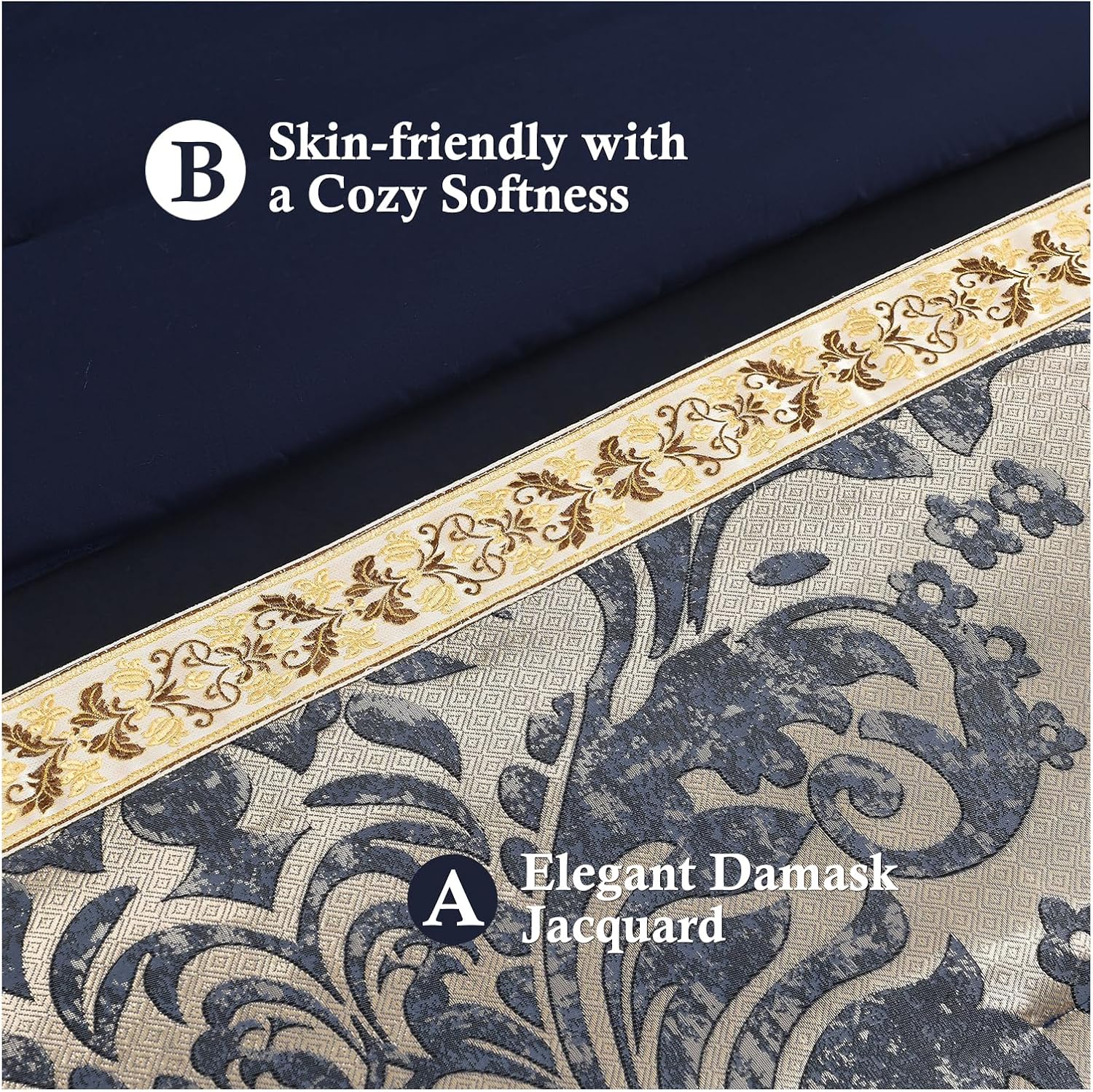 Finlonte Comforter Set California King Size, Navy Blue Gold, 7-Piece Bed in a Bag for All Seasons, Luxury Vintage Floral Jacquard Damask Patchwork, Bedding Sets with Bed Skirt, Shams and Decor Pillows