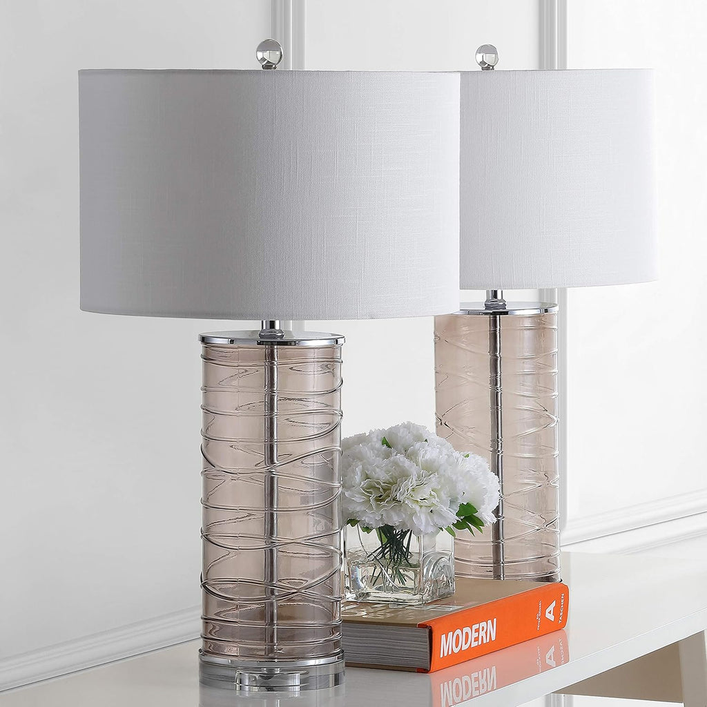 JONATHAN Y 27.5' Smoky Gray Modern Fused Glass Table Lamp Set of 2 for Bedroom Living Room, Coastal Nightstand Bedside Lamp with White Linen Shade, LED Bulbs Included (JYL4016C-SET2)