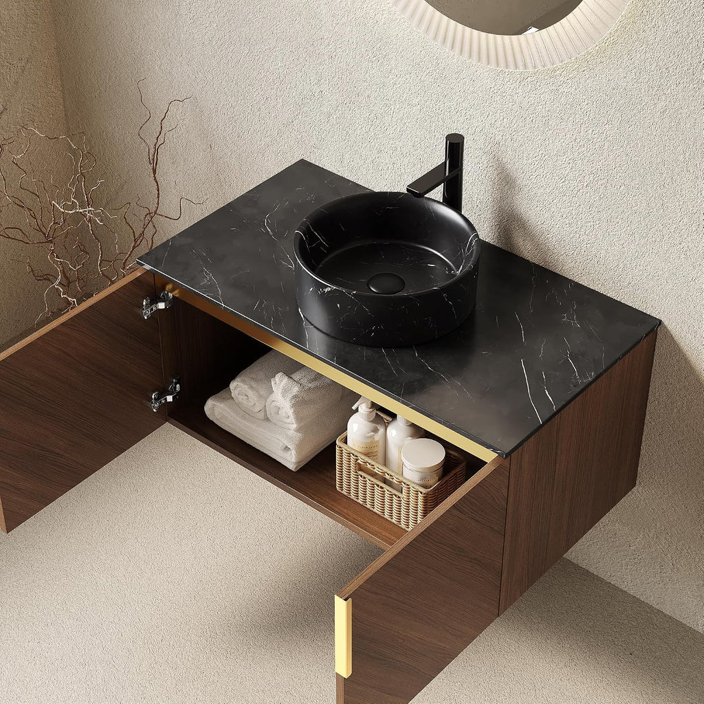 36 Inch Bathroom Vanity with Sink Combo, Floating Vanity Bathroom with Vessel Sink, Modern Bathroom Vanity Cabinet with Doors, Sintered Stone Countertop and Black Round Basin,Brown Oak