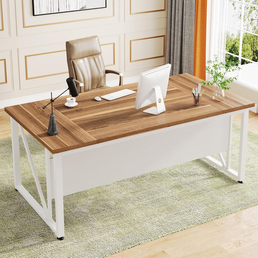 Tribesigns 63 inches Computer Desk with Bottom Storage Shelf Home Office Desk Writing Table for Workstation,Dark Walnut + Steel Leg， Cabinet not Included (Beige, 63-inch)