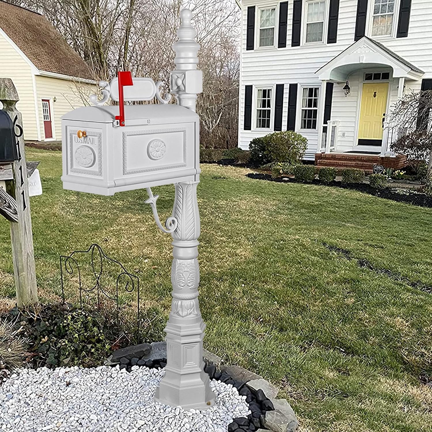 Polar Aurora Barcelona Decorative Post Mailbox Combination Stratford Heavy Duty Postal Mail Box Cast Aluminum(White)