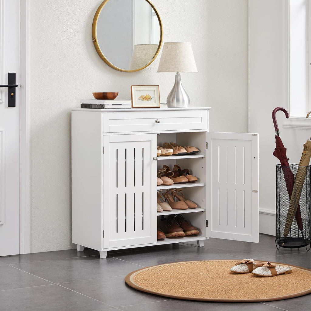 Topeakmart Wood Shoe Cabinet, Shoe Rack with 1 Big Drawer & 4 Storage Shelves, Shoe Storage Cabinet with 2 Louvered Door, for Entryway Living Room, White