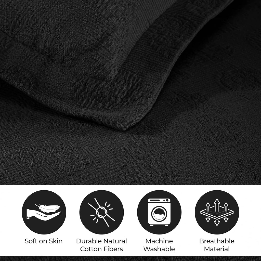 Superior Paisley Cotton 3 Piece Bedspread Set, Home Bed Decor, Decorative Textured Bed Spread, 2 Pillow Shams, Airy Blanket, Matelasse Coverlet Bedding, Vintage Floral Design, Queen, Black
