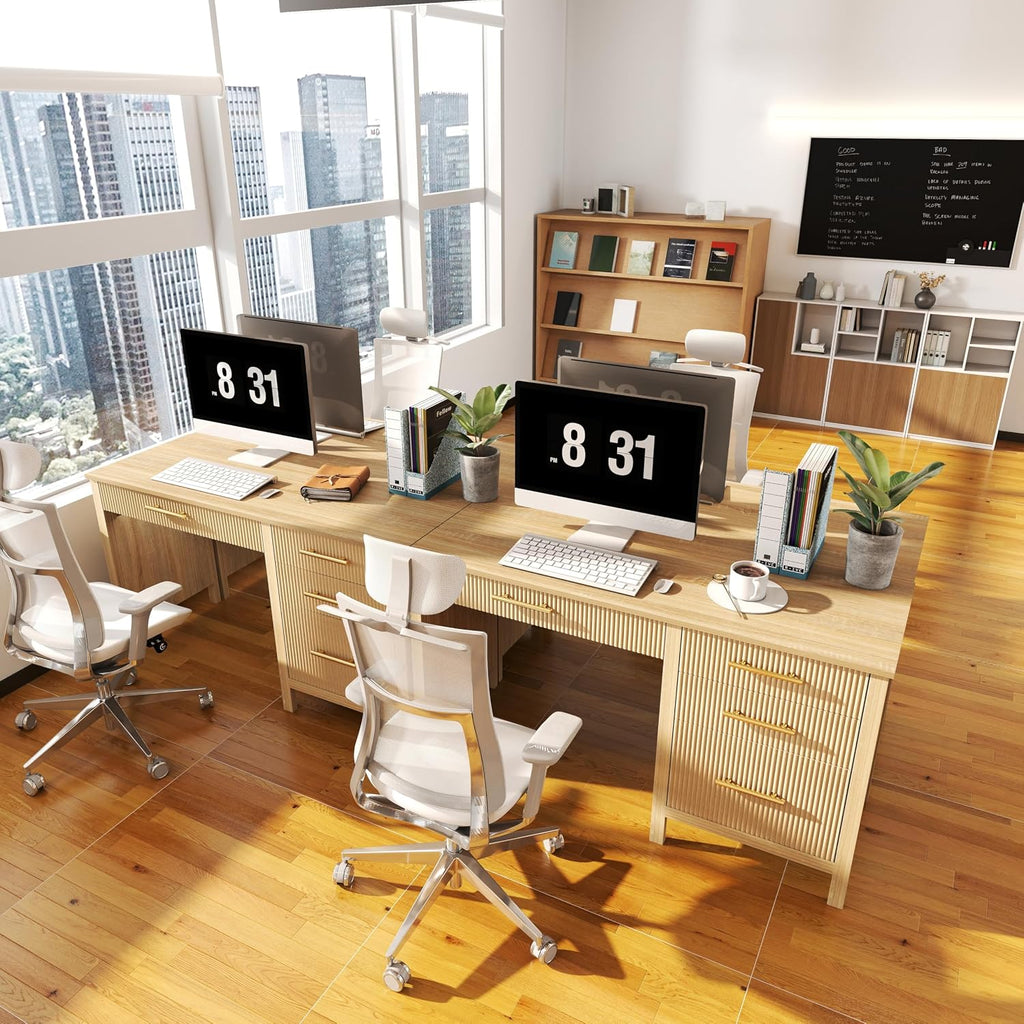 Modern Executive Desk with Drawers: 54' Oak Home Office Desks with File Drawers, Wood Fluted Computer Writing Desk for Work, Study, and Living Room (54')