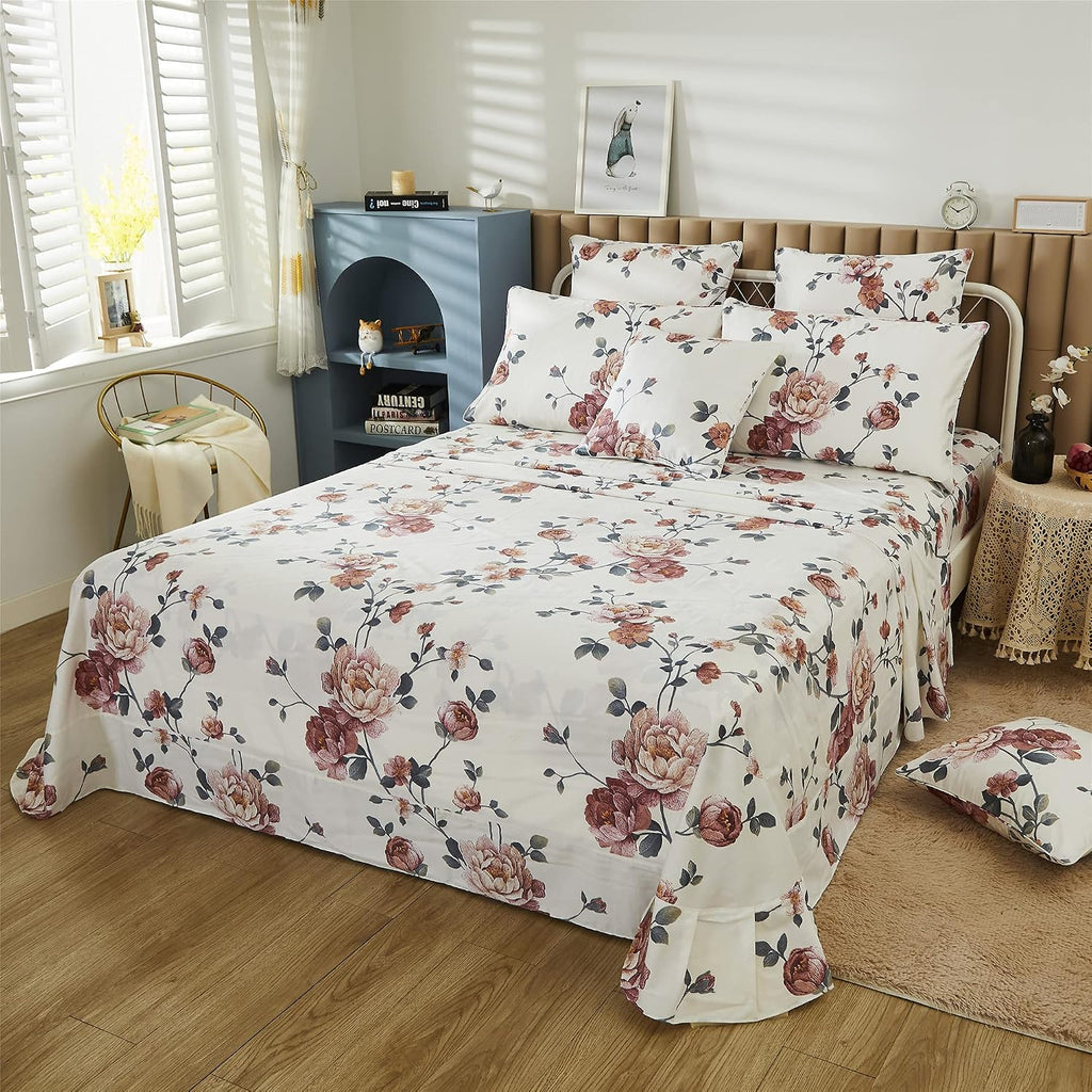 FADFAY Sheets Set Queen Shabby Beige Floral Bedding Elegant Peony Sheets Set Vintage Flower Bedding Collections Soft 100% Egyptian Cotton 800 Thread Count Deep Pocket Fitted Sheet, 4Pcs-Queen Size