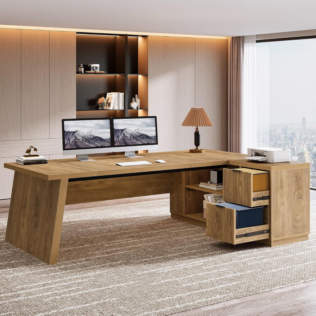 Tribesigns 78-Inch L-Shaped Executive Desk, Large Computer Desk with 2 Drawers and Storage Shelves, Business Furniture Workstation for Home & Office (Light Brown)