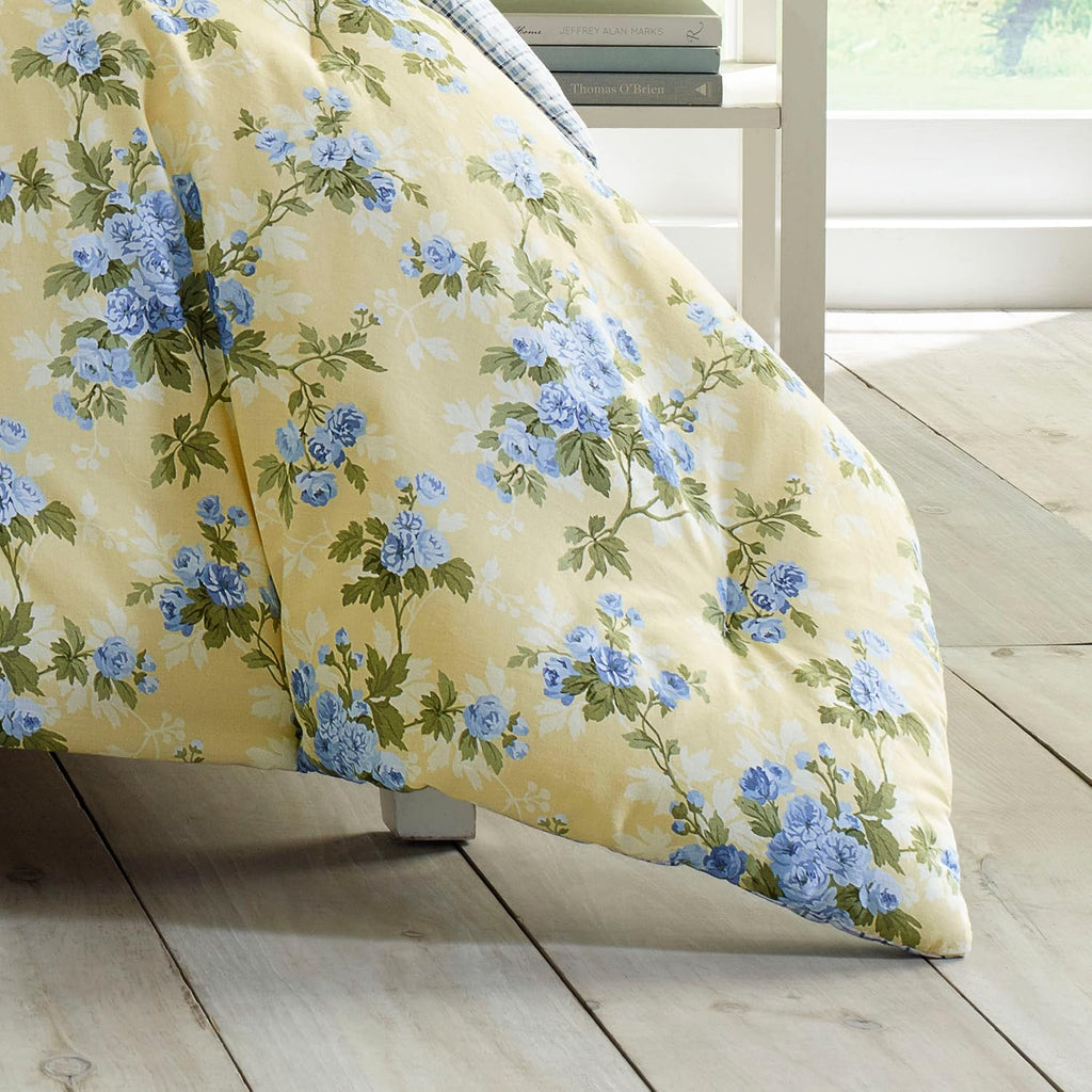 Laura Ashley - King Duvet Cover Set, Reversible Cotton Bedding with Matching Shams, Includes Bonus Euro Shams & Throw Pillow Covers (Cassidy Yellow, King)