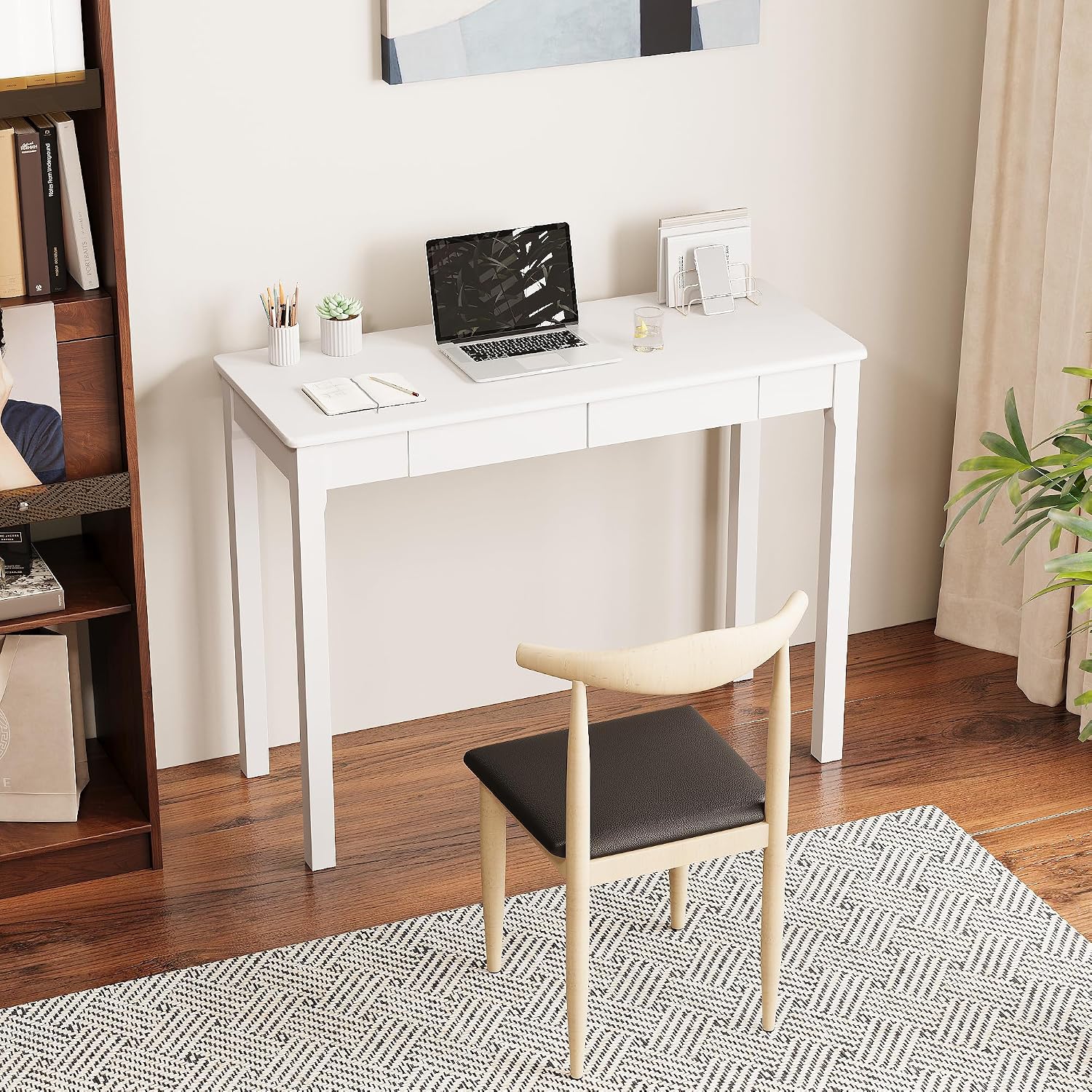 Solid Wood Desk with Drawers - 39' Narrow Desks for Small Spaces, Mid Century Modern Desks, Small Wooden Vintage Computer Writing Desk, Study Table for Home Office Bedroom, White