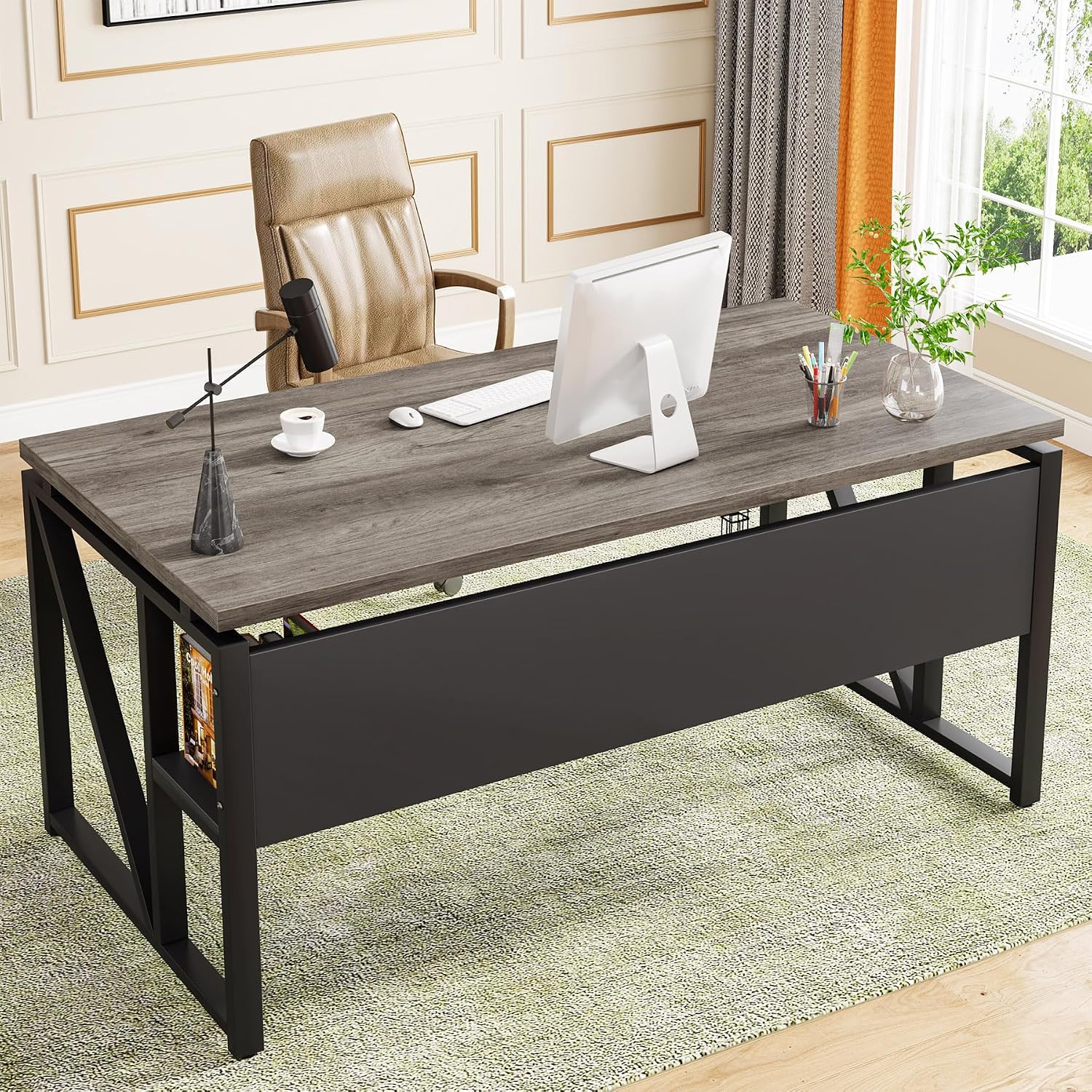 Tribesigns 55 inches Computer Desk with Bottom Storage Shelf Home Office Desk Writing Table for Workstation,Dark Walnut + Steel Leg， Cabinet not Included (Dark Oak, 55-inch -with Shelf)