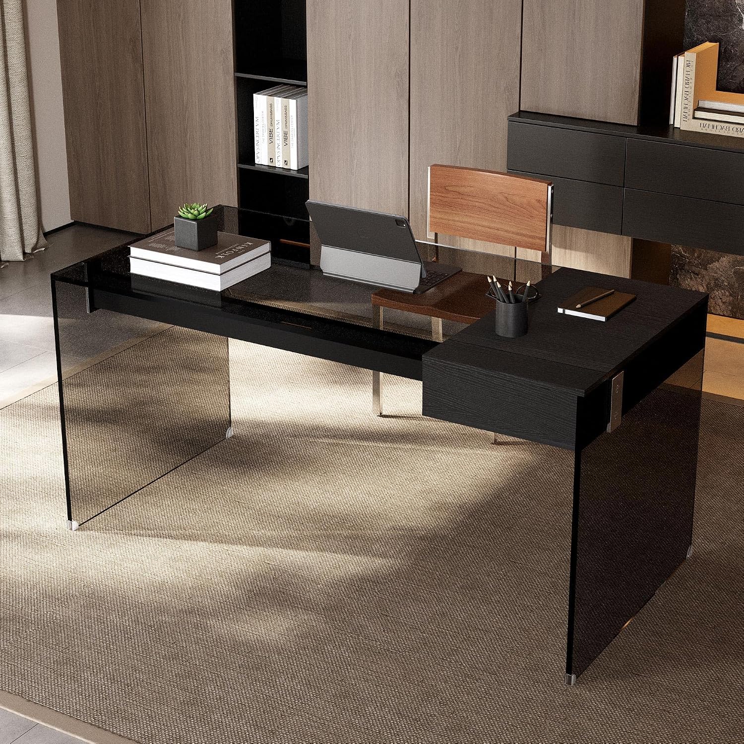 53.14' Modern Tempered Glass Executive Desk with Drawer, Black Wood Finish and Tempered Glass Legs – Minimalist Stylish Workstation Table for Home Office