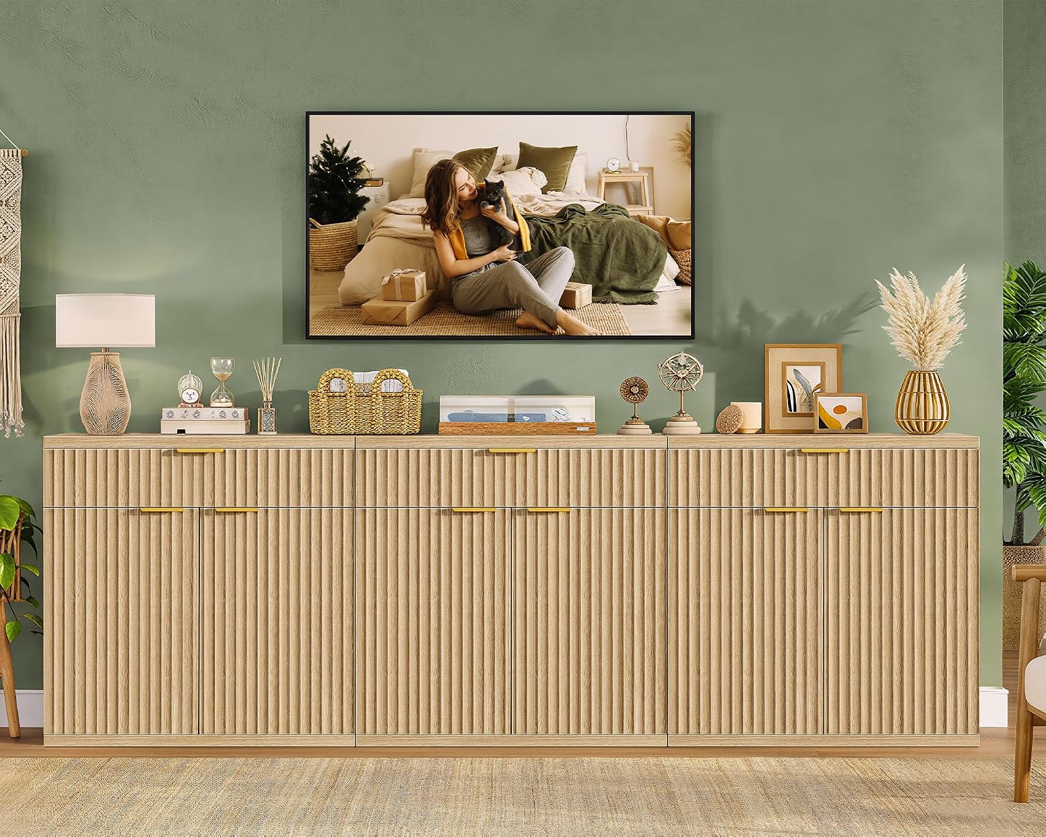 TEENFON Fluted Buffet Cabinet with Storage, 63' Sideboard Cabinet, Coffee Bar Cabinet with 2 Doors and Adjustable Shelf for Living Room, Kitchen, Entryway, Natural