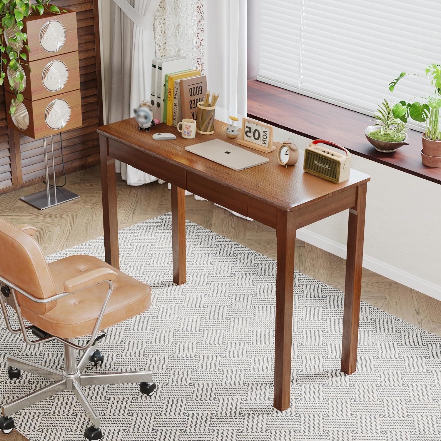 Solid Wood Desk with Drawers - 39' Narrow Desks for Small Spaces, Mid Century Modern Desks, Small Wooden Vintage Computer Writing Desk, Study Table for Home Office Bedroom, Walnut