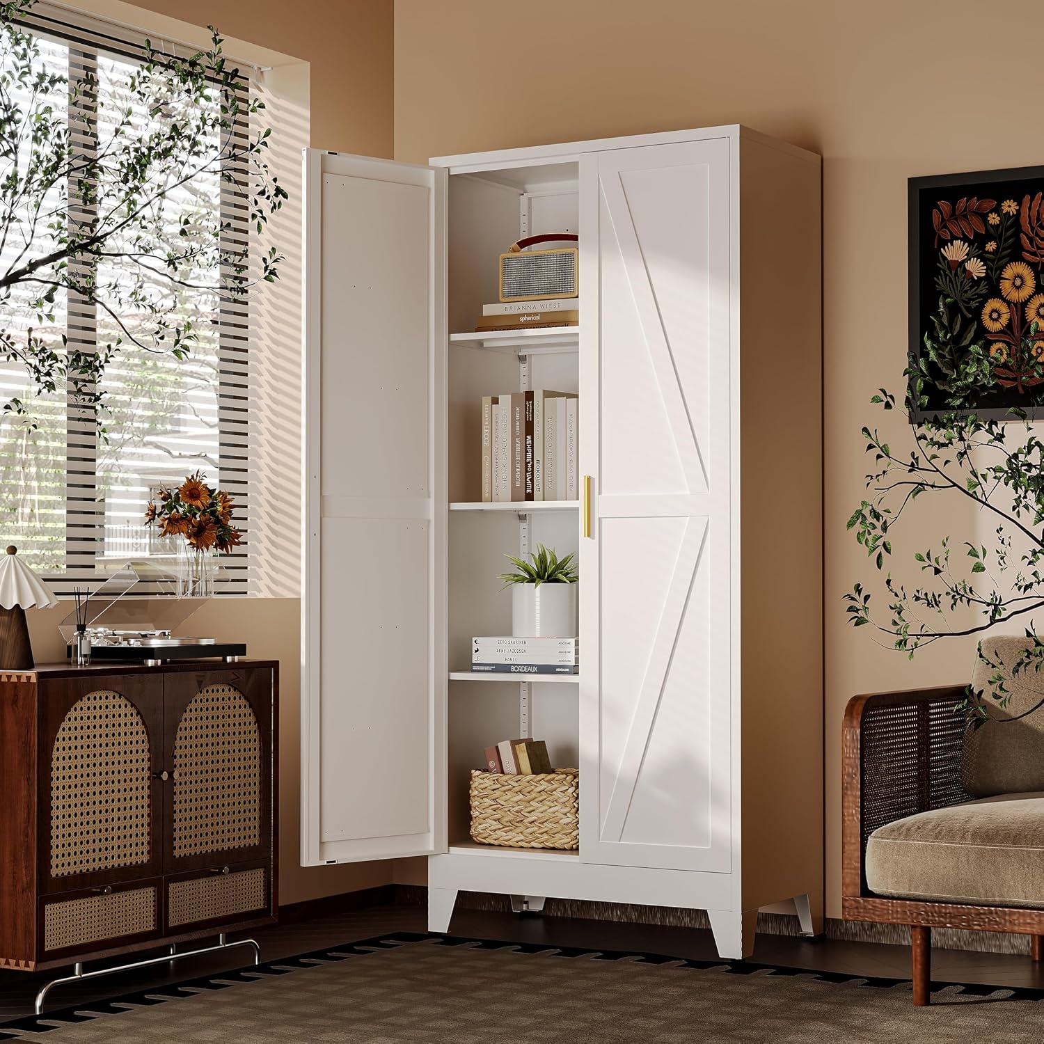 61' H White Storage Cabinet,Metal Pantry Cabinets with Doors,Tall Cabinet,Kitchen Pantry Storage Cabinets