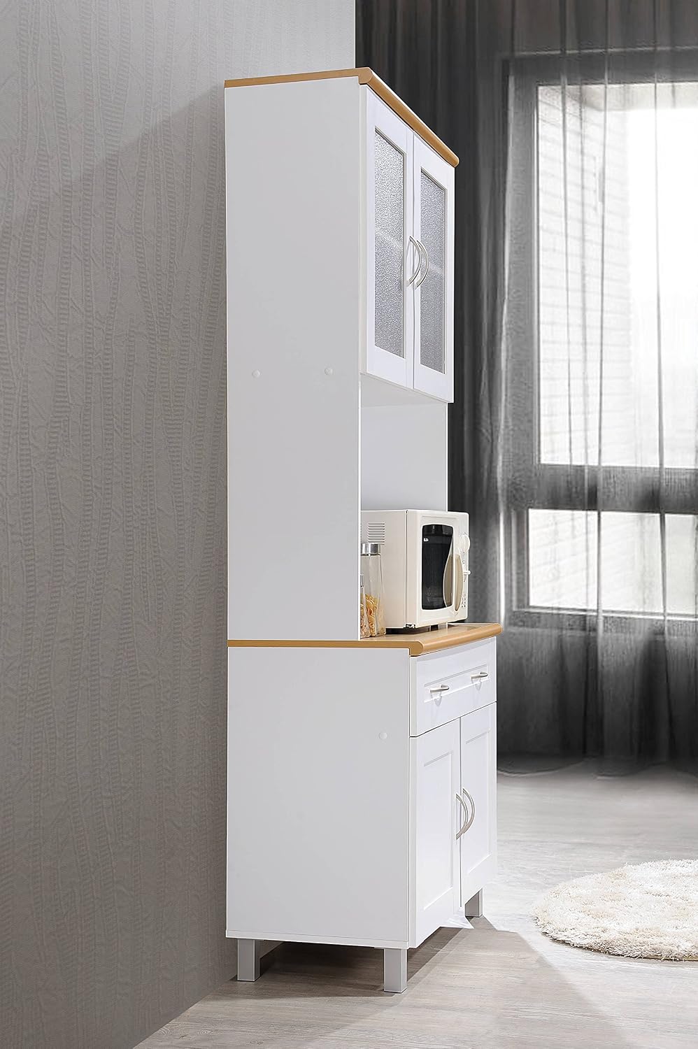HODEDAH IMPORT Tall Standing Kitchen Cabinet with Top and Bottom Enclosed Cabinet Space, 1-Drawer, Large Open Space for Microwave in White