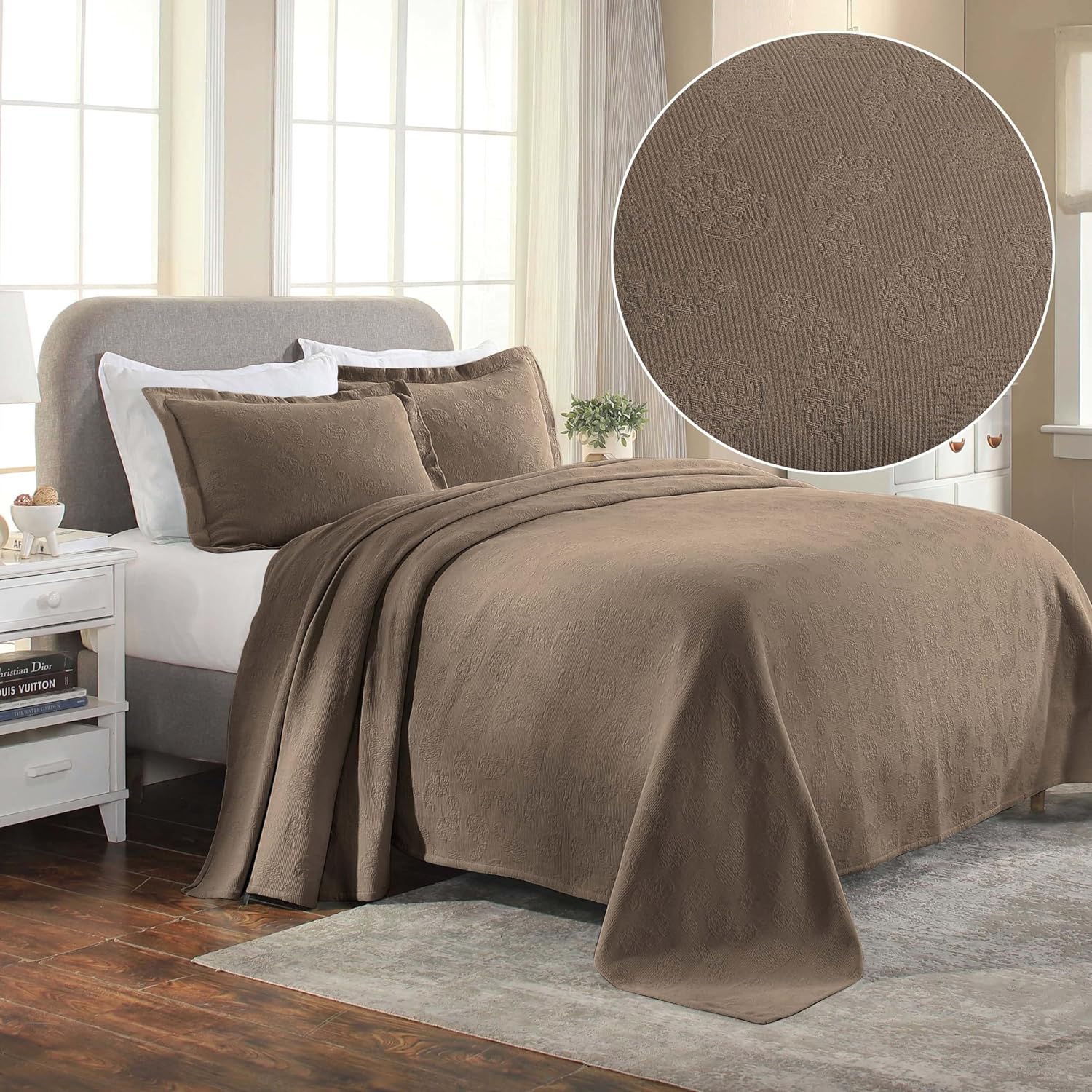 Superior Paisley Cotton 3 Piece Bedspread Set, Home Bed Decor, Decorative Textured Bed Spread, 2 Pillow Shams, Airy Blanket, Matelasse Coverlet Bedding, Vintage Floral Design, Queen, Taupe