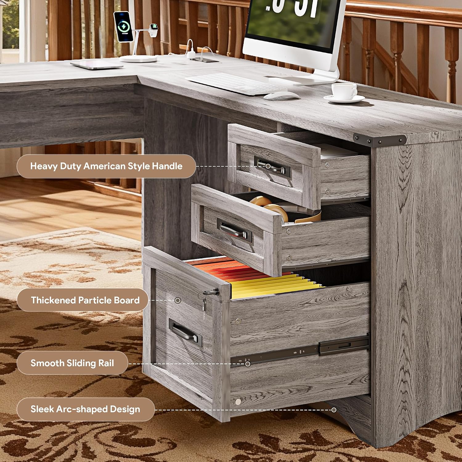Decofy 67' Farmhouse L Shaped Standing Desk with Drawers Home Office Executive Desks with Fast Charging Station, Lockable File Cabinet, Wood Writing Computer Desk for Work, Study, Grey