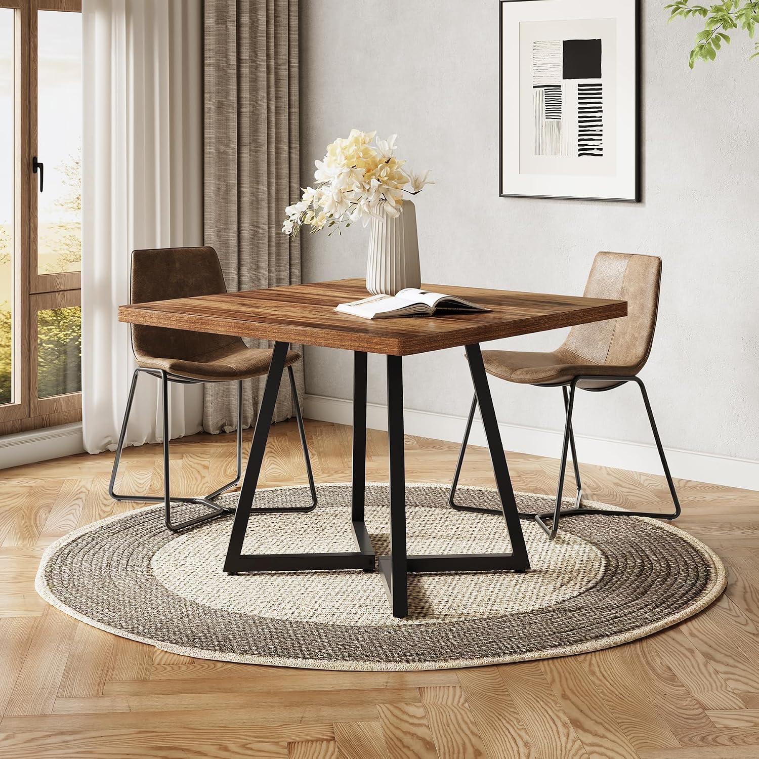 LITTLE TREE 31.5 Inches Small Dining Table for 4, Square Dinner Table for Small Space, Dining Room Tables, Rustic Brown Wooden Kitchen Table with Metal Legs, Modern Leisure Cafe Table for Apartment