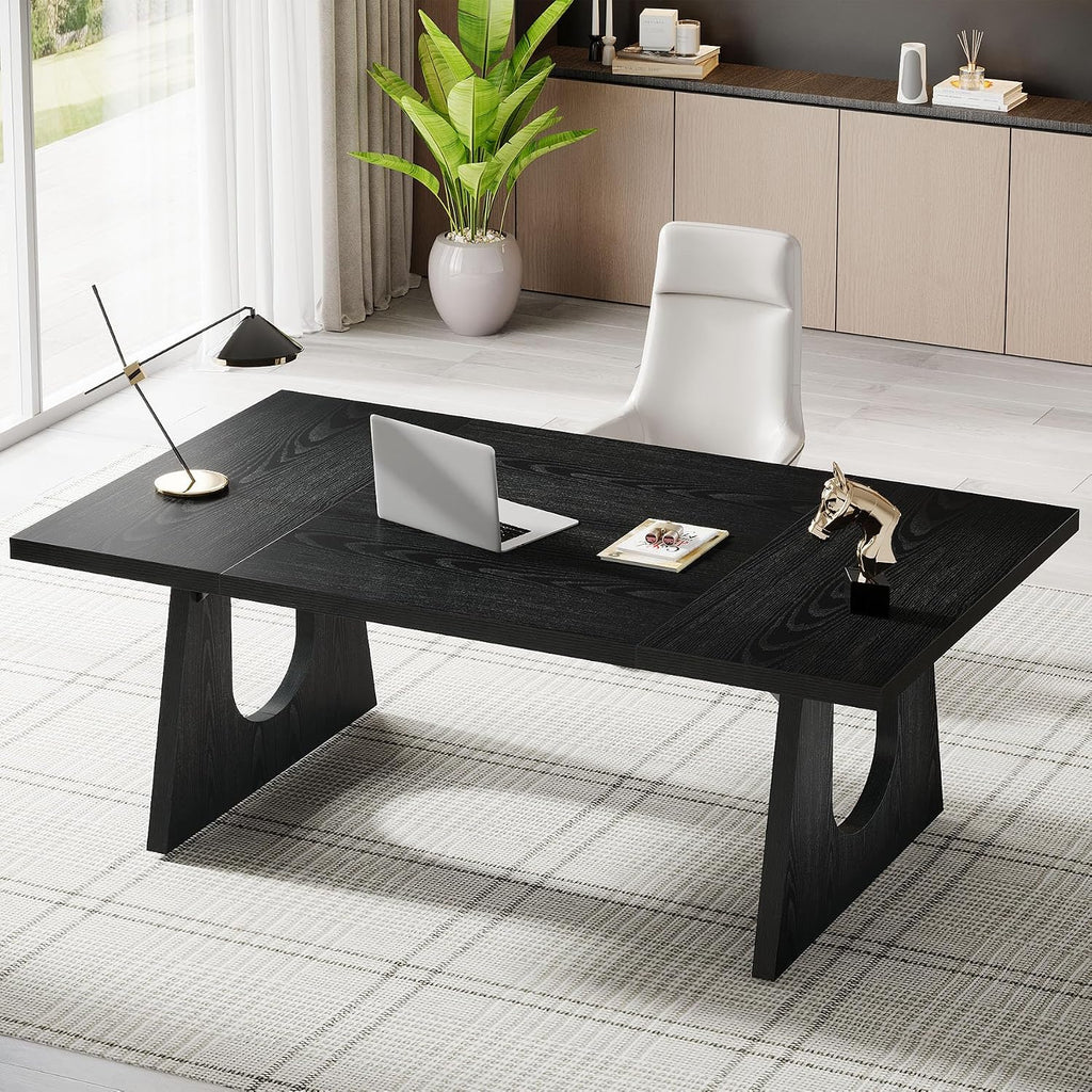 Tribesigns 70.86-Inch Executive Desk, Large Black Computer Office Desk with Wooden Legs, Modern Simple Style Rectangle Writing Table, Workstation or Business Table for Home Office (Black)