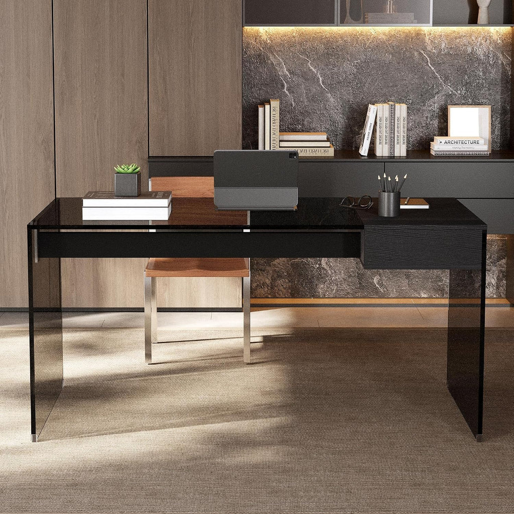 53.14' Modern Tempered Glass Executive Desk with Drawer, Black Wood Finish and Tempered Glass Legs – Minimalist Stylish Workstation Table for Home Office