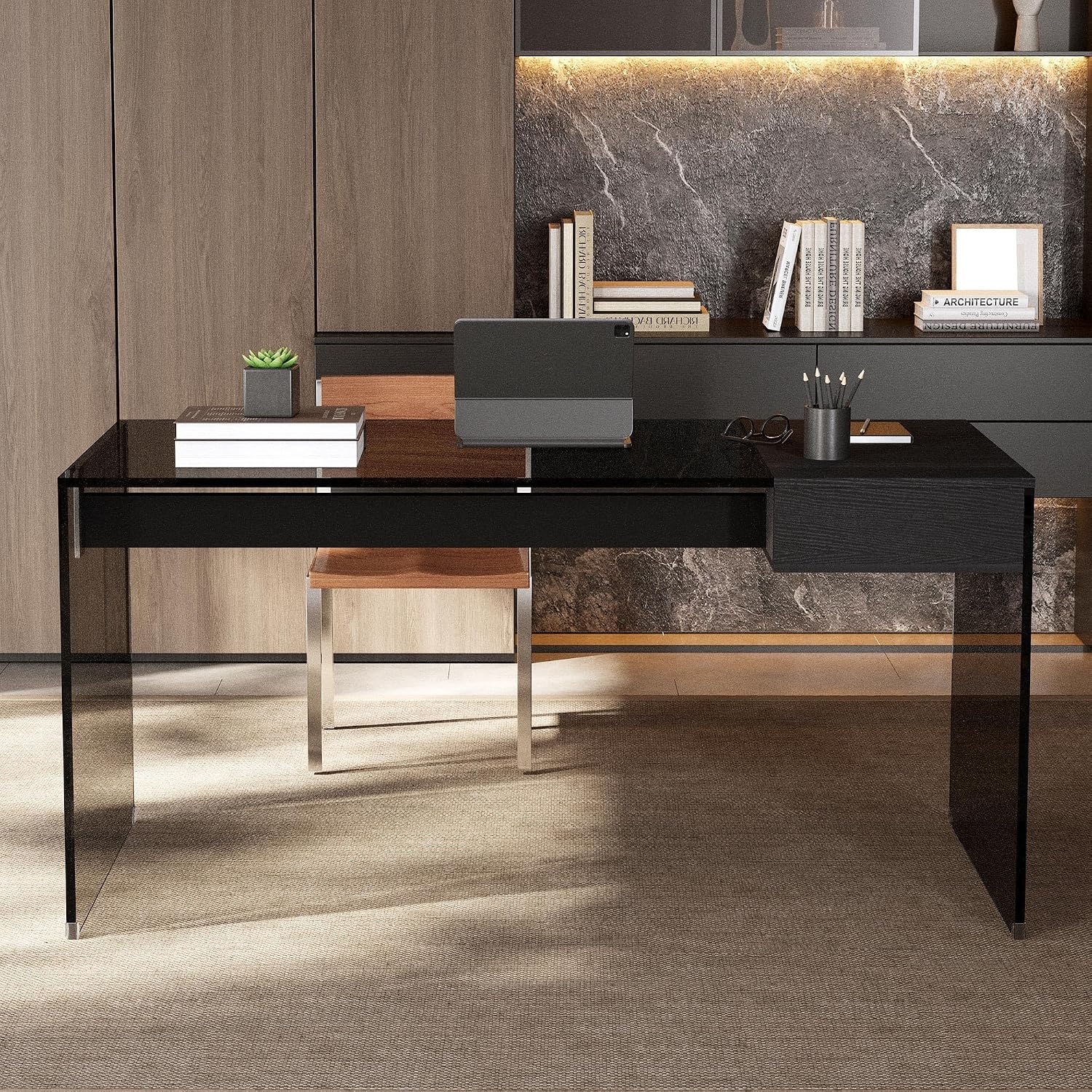 53.14' Modern Tempered Glass Executive Desk with Drawer, Black Wood Finish and Tempered Glass Legs – Minimalist Stylish Workstation Table for Home Office