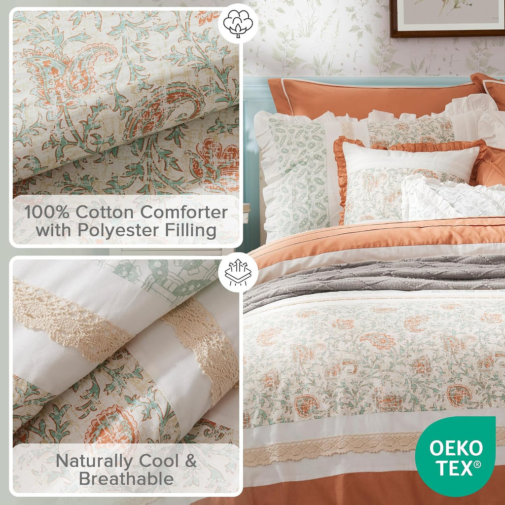 Madison Park Dawn 100% Cotton Shabby Chic Comforter Set-Modern Cottage Design All Season Down Alternative Bedding, Matching Shams, Bedskirt, Decorative Pillows, Cal King(104'x92'), Coral 9 Piece