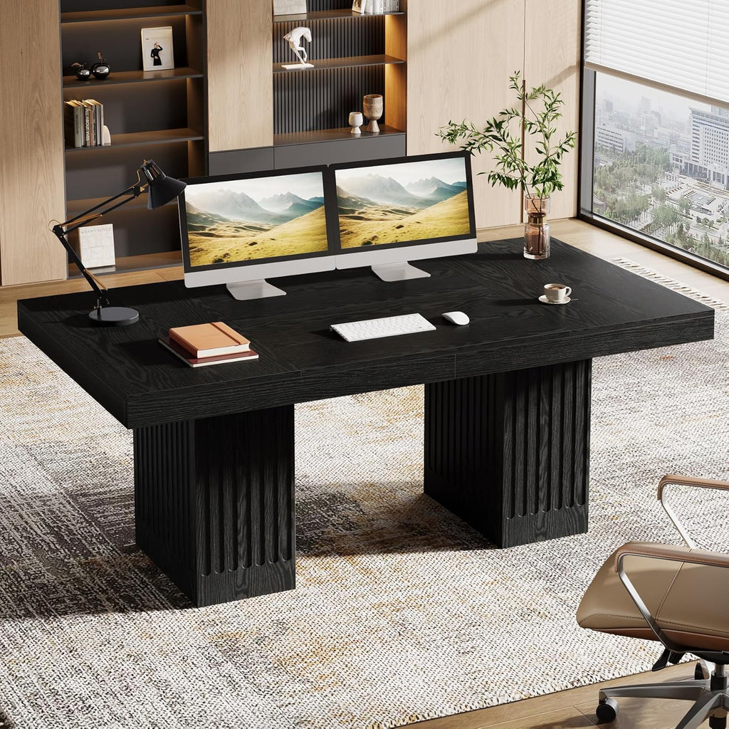 Tribesigns 63 Inch Executive Desk, Large Office Computer Desk with Double Pedestal, Black Modern Simple Desk, Study Writing Table Business Furniture for Home Office, Set of 2
