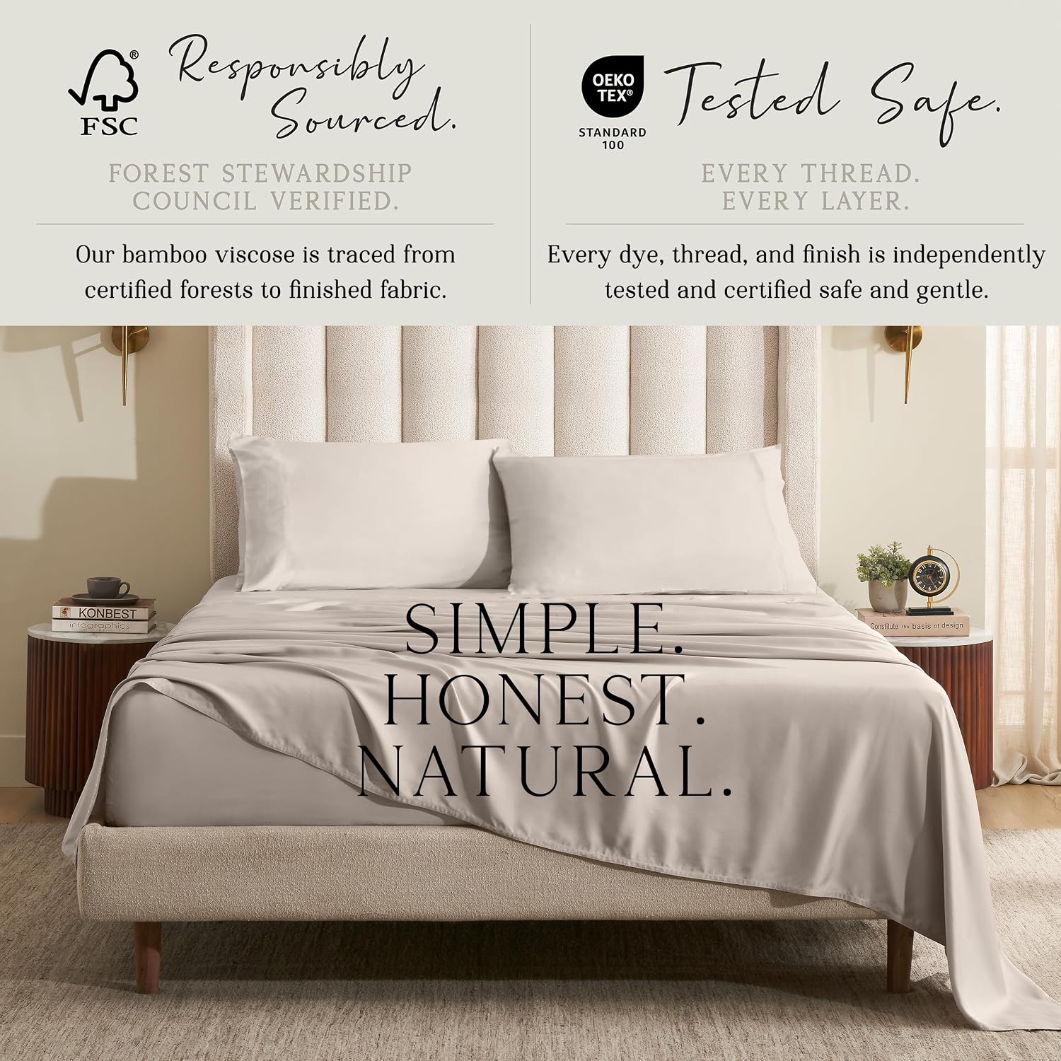 KARISSA MAE Pure Viscose from Bamboo Split King Size Sheet Set | 100% FSC Certified | Luxuriously Soft | Cooling | 18' Deep Pocket w/Corner Straps | [Dune]