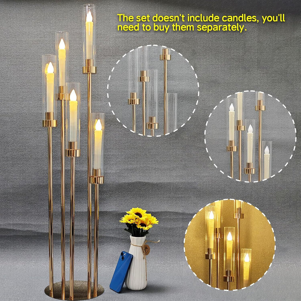 8 Set 5 Arm Golden Candle Holder with Acrylic Lampshade, 41.3'' Tall Candlesticks Holder for Christmas Wedding Housewarming Gift,Metal Candle Holders Candlestick Centerpiece,Fit 0.87'' LED Candle