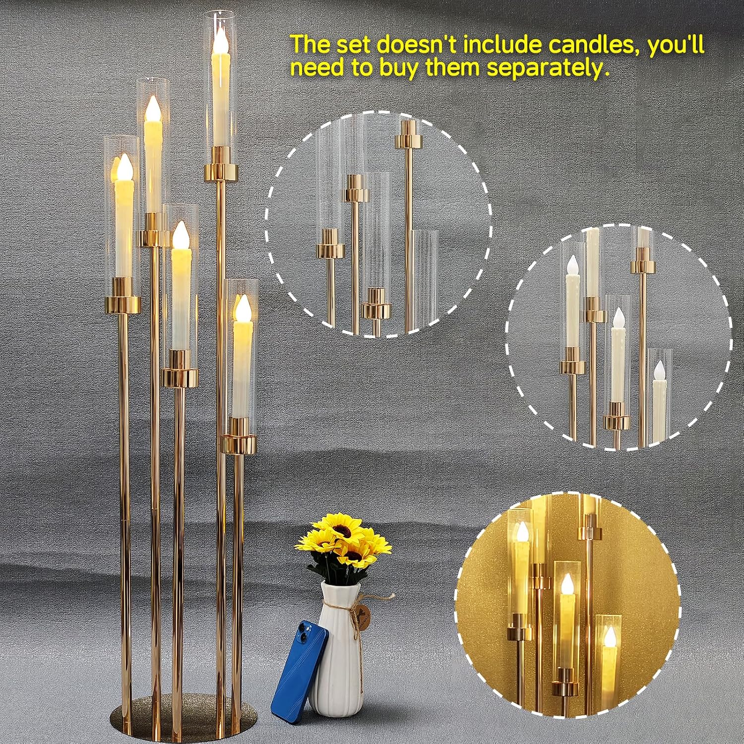 8 Set 5 Arm Golden Candle Holder with Acrylic Lampshade, 41.3'' Tall Candlesticks Holder for Christmas Wedding Housewarming Gift,Metal Candle Holders Candlestick Centerpiece,Fit 0.87'' LED Candle