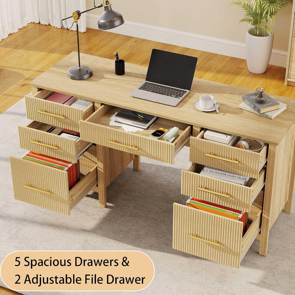 Modern Executive Desk with Drawers: 60' Oak Home Office Desks with File Drawers, Wood Fluted Computer Writing Desk for Work, Study, and Living Room (60')