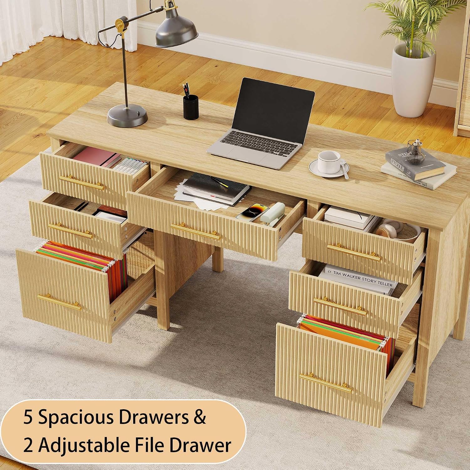 Modern Executive Desk with Drawers: 60' Oak Home Office Desks with File Drawers, Wood Fluted Computer Writing Desk for Work, Study, and Living Room (60')
